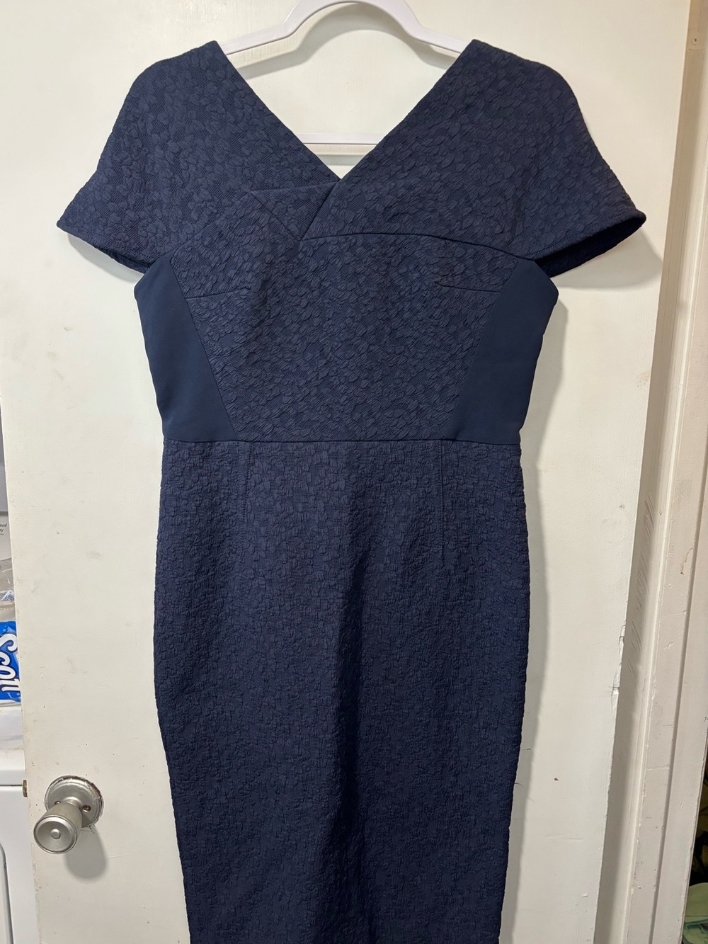 Roland Mouret Dunmore Navy Textured Jacquard Sheath Zipper Back Dress Sz US 10